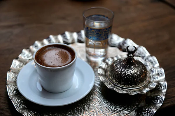 Turkish Coffee Served Traditional Cup Glass Water Silver Tray — 스톡 사진