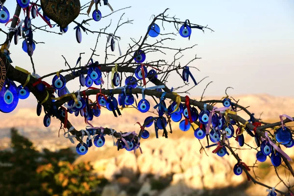 Árvore Decorada Com Amuletos Forma Olho Feitos Vidro Azul Talismã — Fotografia de Stock