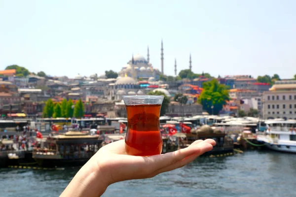 Hand Holding Cup Traditional Turkish Tea Illuminated Transparent Famous Background — Stock Photo, Image