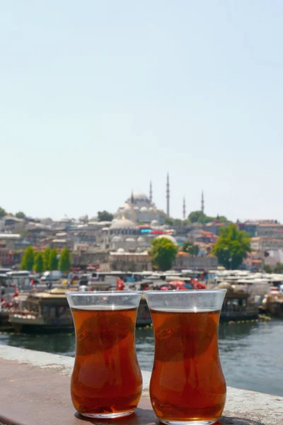 Bardak Cup Traditional Turkish Tea Illuminated Transparent Famous Background Blue — Stock Photo, Image