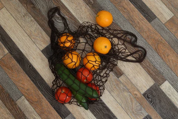 Многоразовая Сетка Апельсинами Овощами Концепция Нулевых Отходов Пластика — стоковое фото