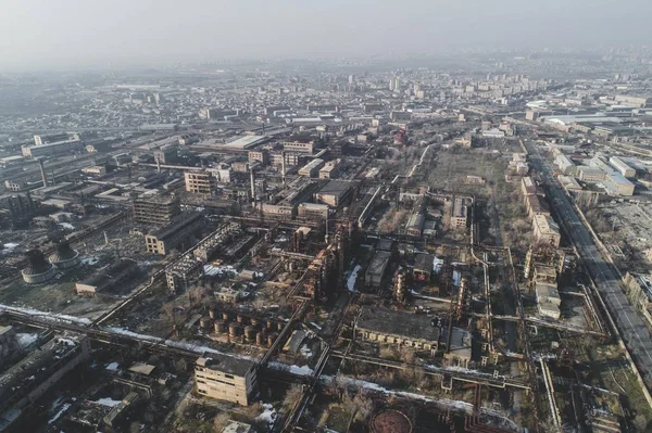 Área Fábrica Abandonada Urbana Disparada Com Drone Visão Pássaro Aquecimento — Fotografia de Stock