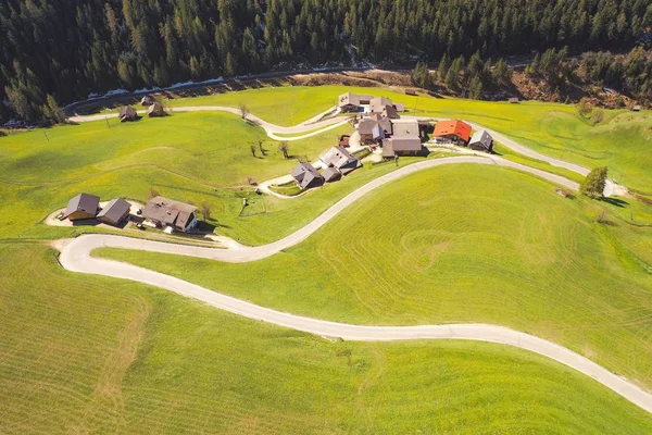 Kleine stad op een groene steile heuvel met huizen en een smalle weg naast een bos — Stockfoto