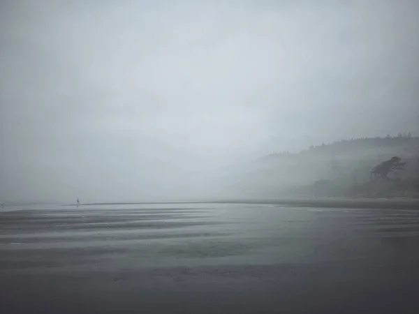 Mare Vicino Una Montagna Boscosa Una Nebbia — Foto Stock