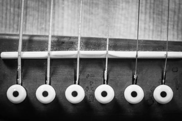 Gros plan en niveaux de gris des broches de pont d'une guitare acoustique — Photo