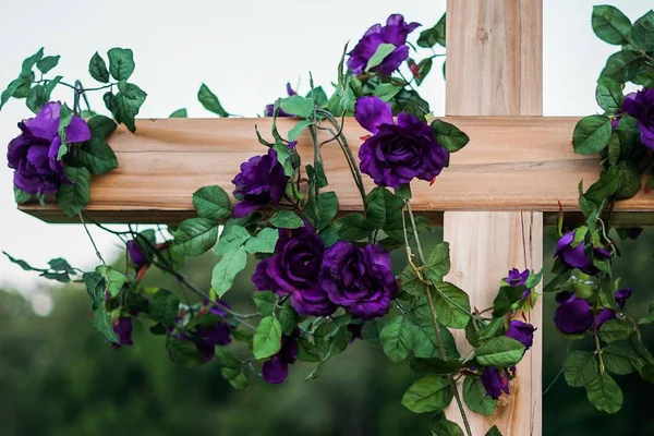 Closeup photography of purple roses hanging and wrapping around on a brown wooden cross