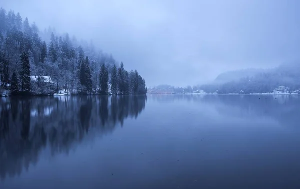 Lago Bled em um dia nebuloso e nublado — Fotografia de Stock