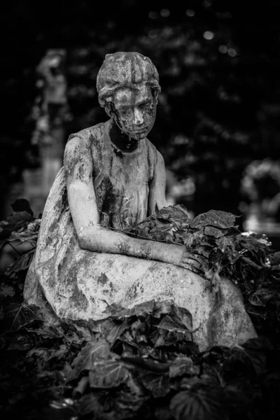 Vertical shot of a female statue  surrounded by leaves in black and white — 스톡 사진