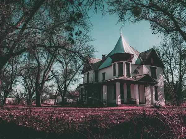 Grand domaine avec un vieux bâtiment blanc et des arbres avec un ciel clair en arrière-plan — Photo