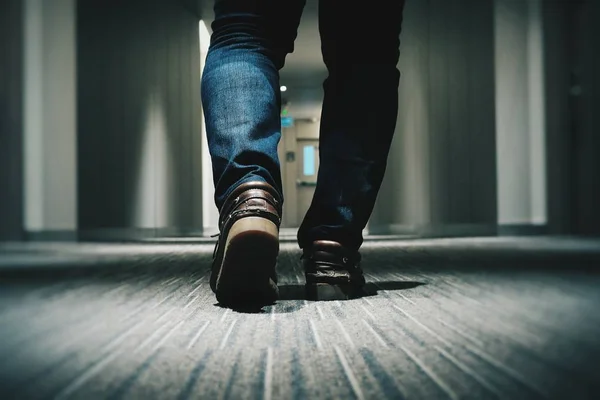 Primer plano de un hombre usando jeans y caminando en un pasillo - fondo fresco — Foto de Stock