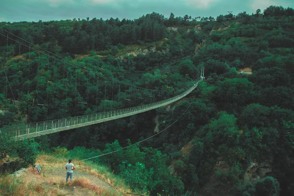 緑の峡谷を渡る長い橋 — ストック写真