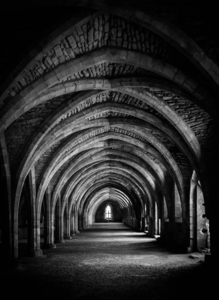 Fountains Abbey'deki mahzende siyah beyaz koridorun dikey çekimi. — Stok fotoğraf