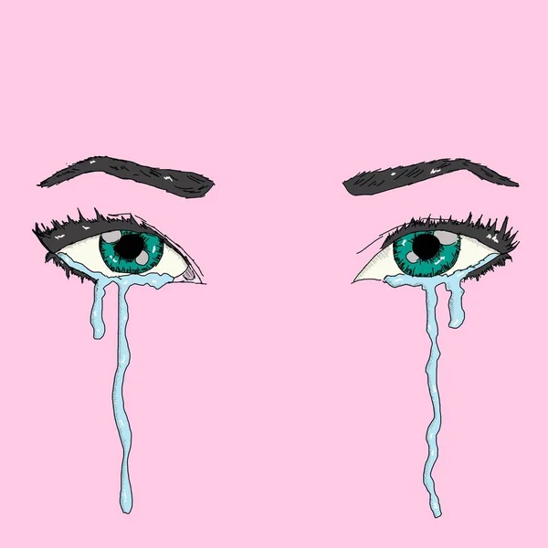 Beautiful art of a female's facial features with eyes full of tears on a pink background — Stock Photo, Image