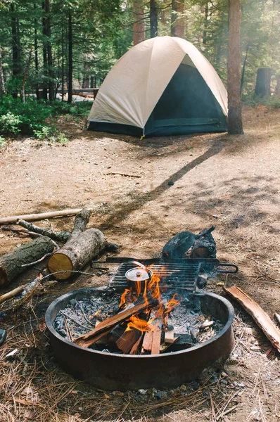 Bonfire and a camp in a forest set by hikers — Stock Photo, Image