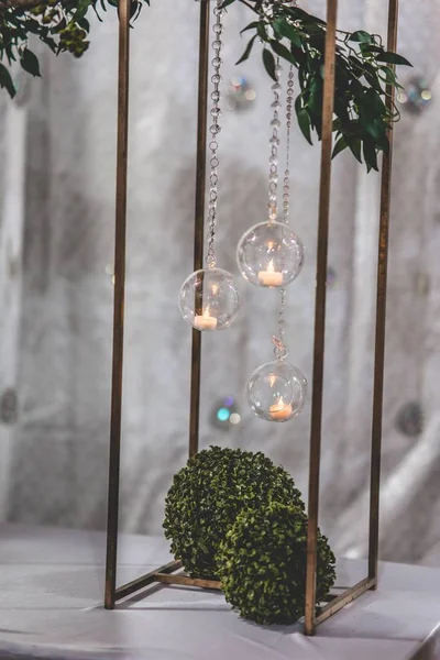 Vertical shot of candles inside of round glasses hanged on chains above green plants — Stock Photo, Image