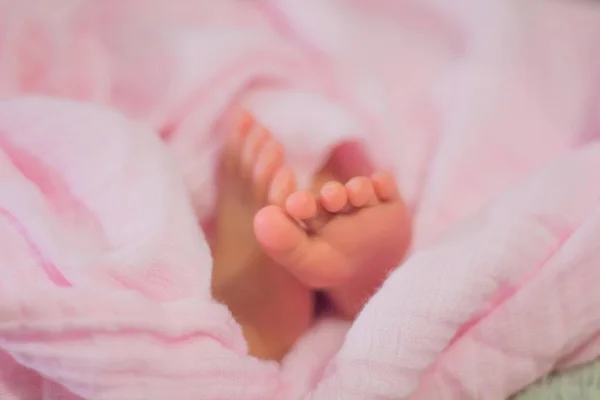 Gros plan des pieds du bébé dormant sous une couverture rose — Photo