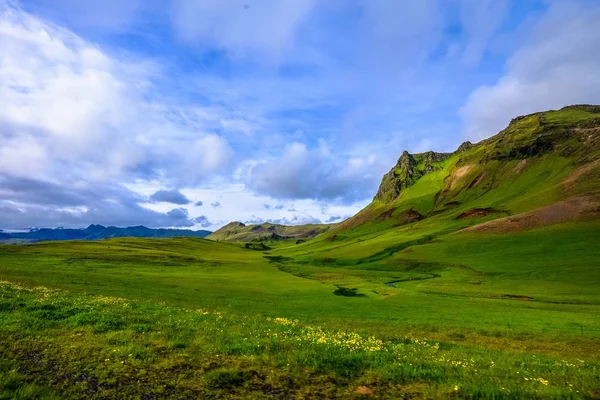 Belo tiro de um campo gramado com flores amarelas perto de montanhas abaixo de um céu nublado — Fotografia de Stock