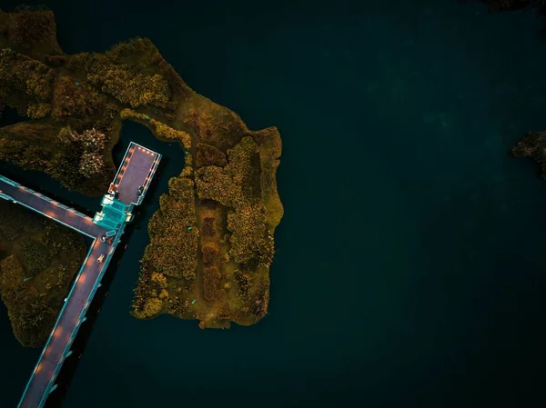 Luftaufnahme eines Docks am Körper des Ozeans, umgeben von einer Insel aus Bäumen — Stockfoto