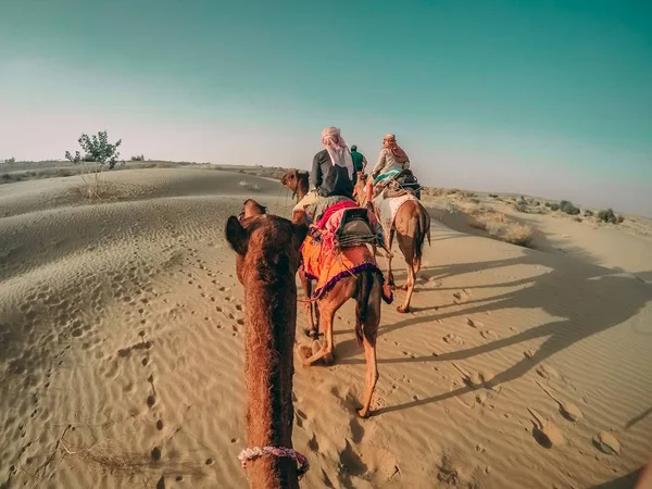 Pessoas Montando Camelos Deserto Índia Com Pegadas Mostrando Areia Deserto — Fotografia de Stock