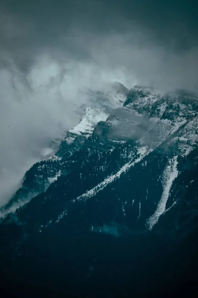 Een Verticaal Schot Van Beboste Een Besneeuwde Berg Een Mist — Stockfoto