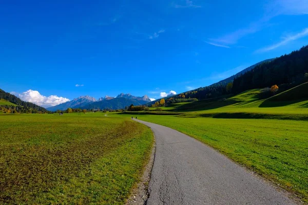 Ormanlık dağ ve mavi gökyüzü ile ağaçlar ile çimenli alanların ortasında Yol — Stok fotoğraf