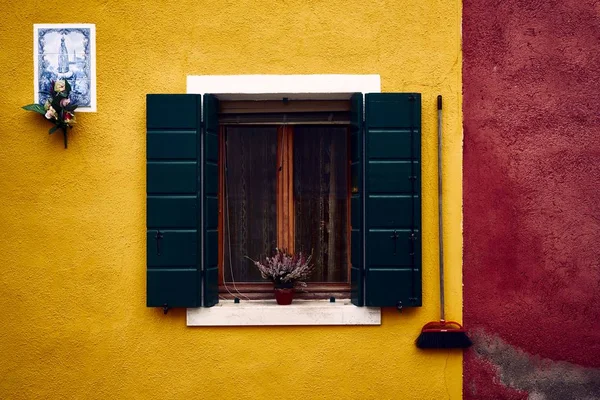 Amplio plano de un colorido muro de construcción amarillo con una ventana y una planta en el alféizar de la ventana — Foto de Stock