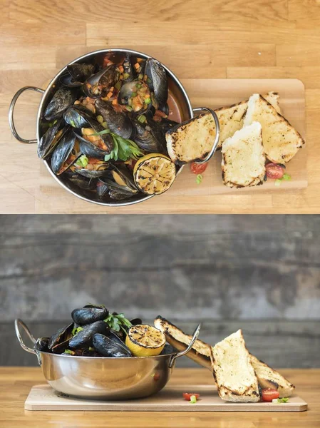 Austerngericht mit Zitrone und Toastbrot von zwei verschiedenen Engeln — Stockfoto