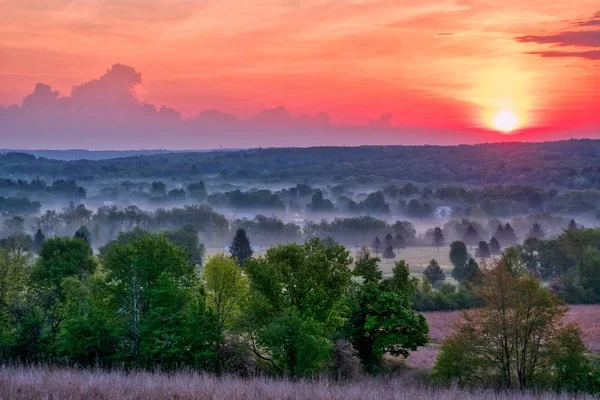 Krásná střela úžasných červených a oranžových mraků nad velkými zamlženým polem a lesem za úsvitu — Stock fotografie