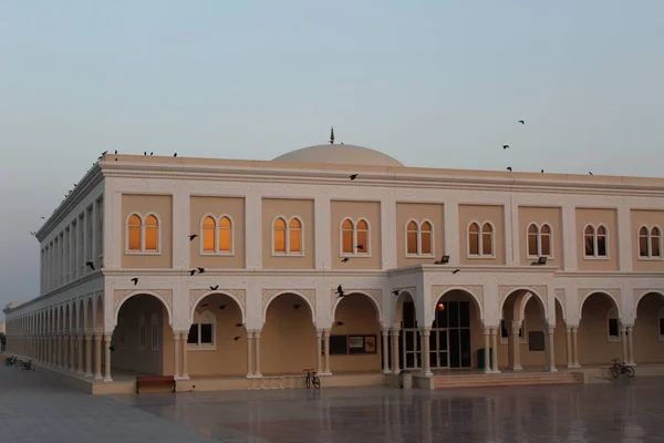 School building during sunset with birds at an American university in the UAE