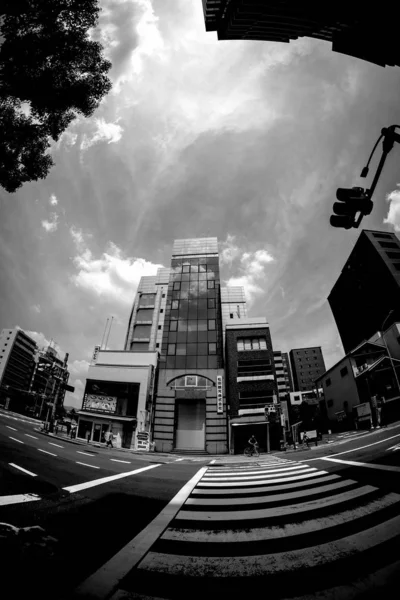 Vertikální záběr vysoké městské budovy přes ulici v černém a bílém — Stock fotografie