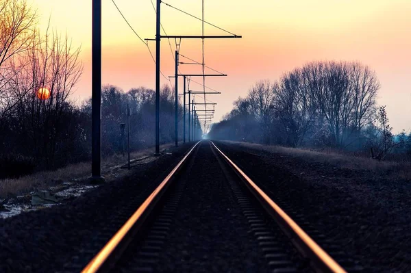 Belo tiro de uma ferrovia no campo com o incrível céu rosa ao amanhecer — Fotografia de Stock
