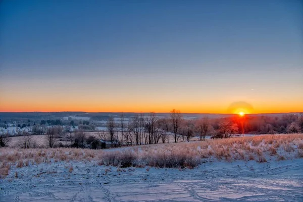 Beau plan large d'arbres entourés de champs couverts de neige au coucher du soleil — Photo