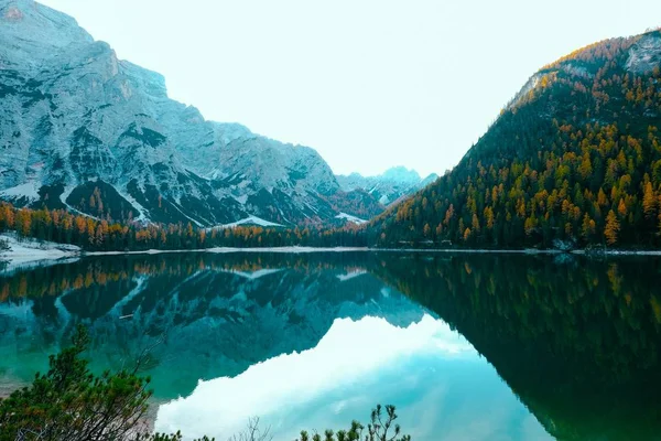 Jezioro Pośrodku Góry Otoczone Żółtymi Zielonymi Drzewami — Zdjęcie stockowe