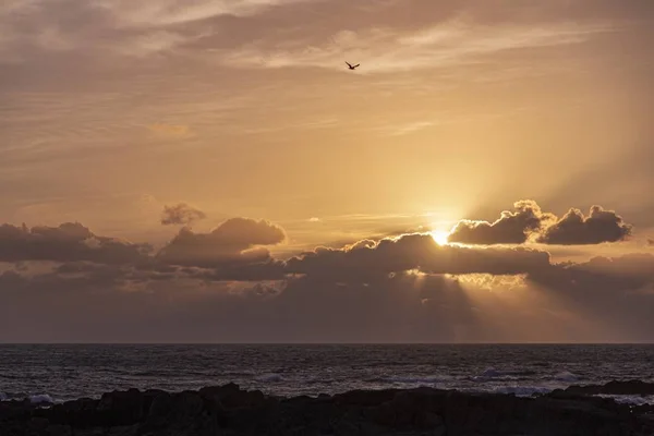 Prachtige zonsondergang over de Oceaan aan de horizon met de zon schijnt door grote wolken — Stockfoto