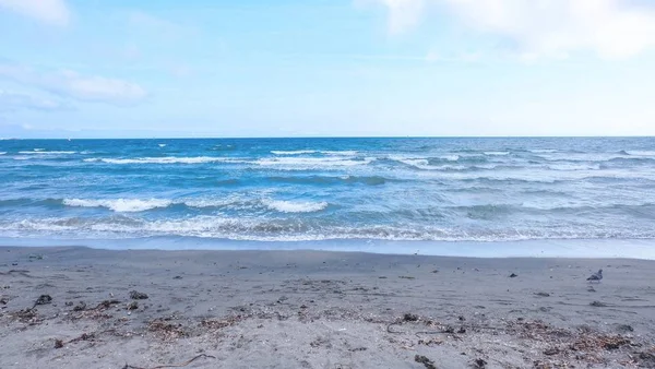 Lindo tiro largo de uma praia de areia com ondas marinhas incríveis e céu azul no fundo — Fotografia de Stock