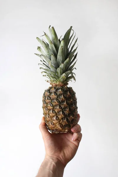 Vertikální záběr paže osoby držící ananas v ruce na bílém pozadí — Stock fotografie