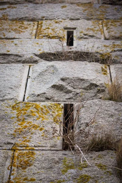 큰 돌과 균열을 통해 성장 식물로 지어진 벽의 클로즈업 샷 — 스톡 사진