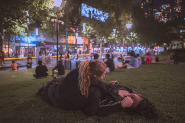 Two Lesbian Females Laying Grass Park Festival — Stock Photo, Image