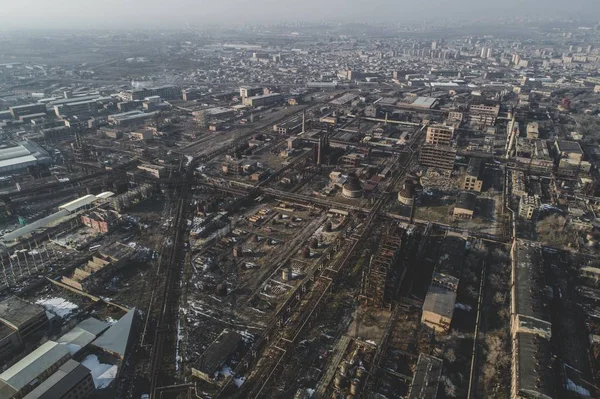 Fábrica Abandonada Urbana Disparada Com Drone Olho Pássaro Aquecimento Global — Fotografia de Stock