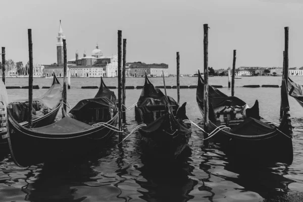 Zwart-wit schot van gondels aangemeerd in het water — Stockfoto