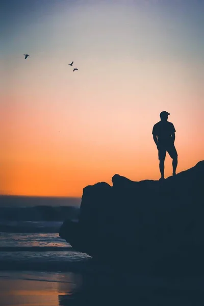 Silhouette Male Standing Rock Beach Birds Flying Distance Sunset Pismo — Stock Photo, Image