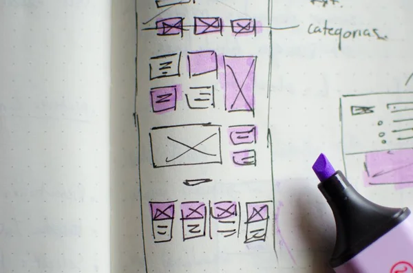 Closeup of UI/UX draft sheet with highlighted areas with a magic marker — Stock Photo, Image