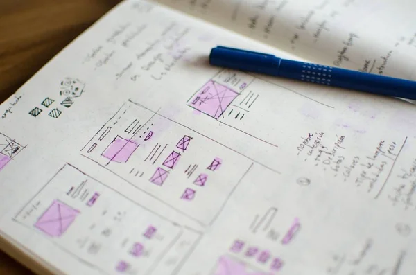 Closeup of UI/UX draft sheet with highlighted areas with a magic marker — Stock Photo, Image