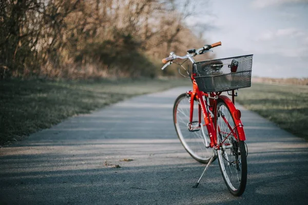 Czerwony rower z koszem na plecach na cienkiej drodze cementowej na polu na wsi — Zdjęcie stockowe