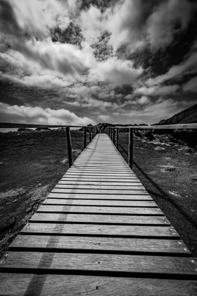 Siyah beyaz kuru bir alanın ortasında bir çit ile ahşap bir yol dikey çekim — Stok fotoğraf