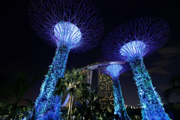 Hermoso Plano Los Altos Edificios Arquitectónicos Azules Singapur Gardens Bay —  Fotos de Stock