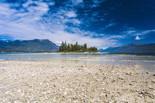 Снимок скального песчаного берега озера с зеленым островом посередине — стоковое фото