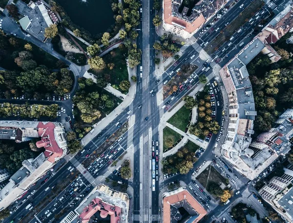 Aerial drone shot of an urban city busy streets intersections