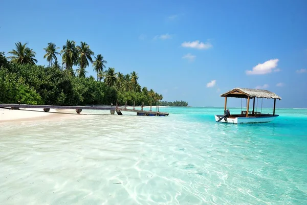 Una Playa Con Muelle Barco Flotando Agua Cerca Bosque Con — Foto de Stock