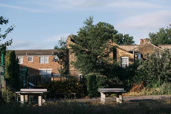 Mooie foto van bruine huizen en pingpongtafels in de buurt van bomen — Stockfoto